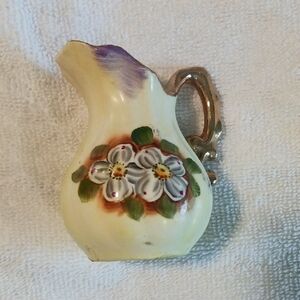 Cream and Purple Vintage Ceramic Pitcher with Floral Design